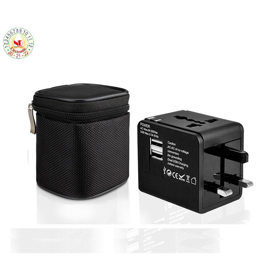 Ổ Cắm Điện Đa Năng Quốc Tế Kèm 2 Cổng USB 2.1A, Ổ Cắm Điện Đa Năng Du Lịch