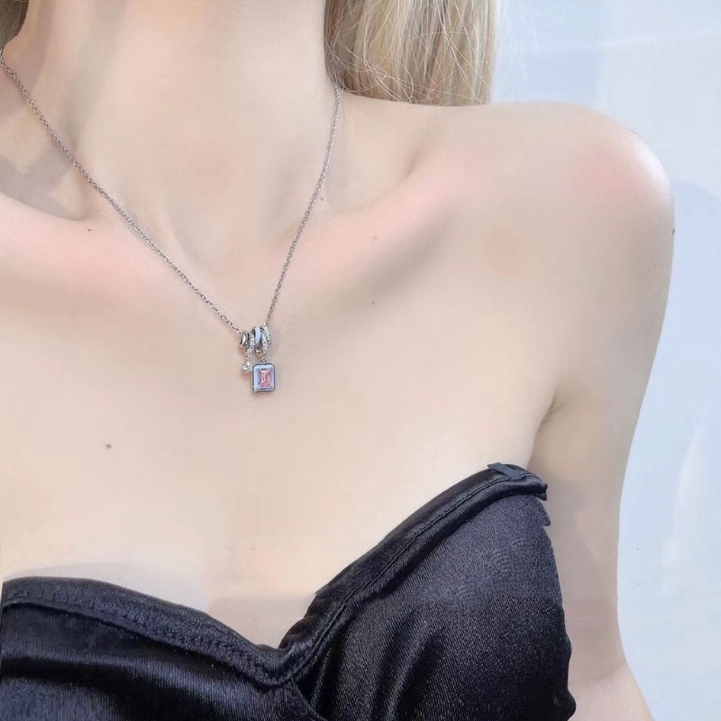 Ahellogirl Vòng cổ bạc hình vuông màu hồng thời trang dành cho nữ