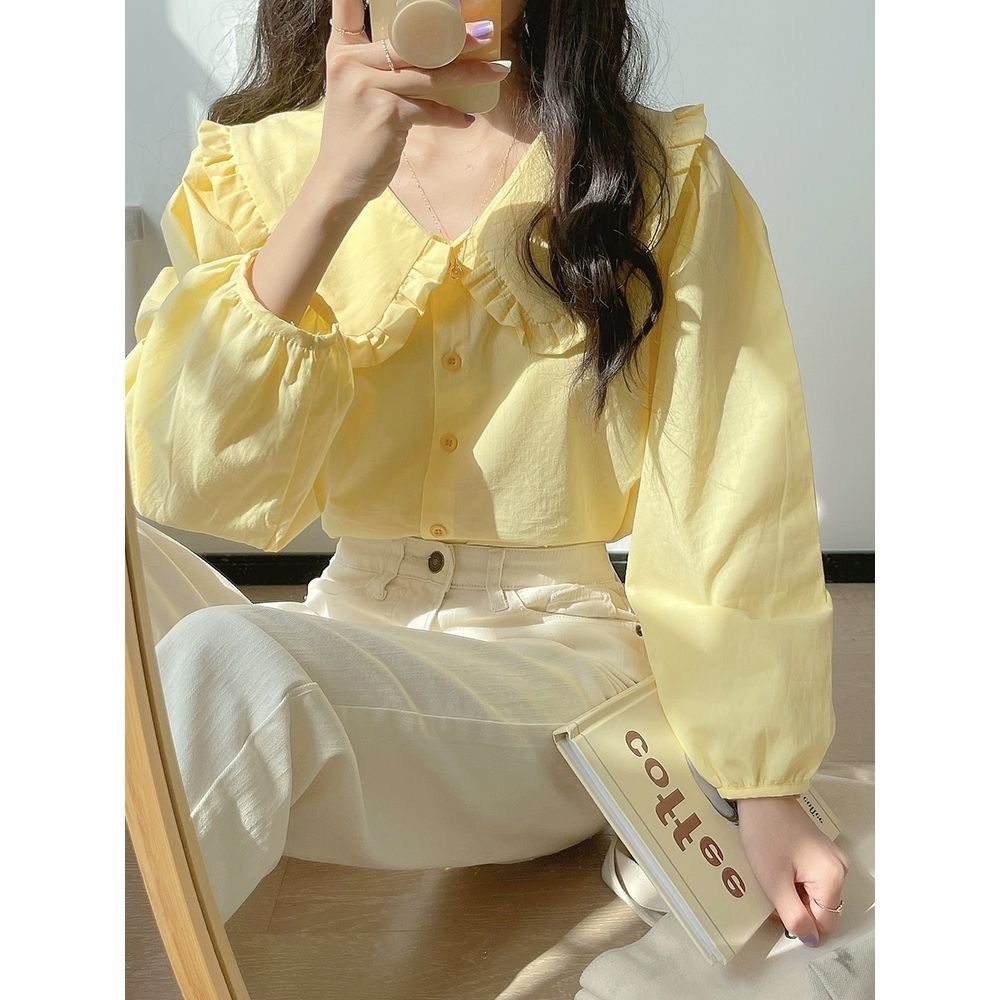 Áo Sơ Mi Nữ Tay Dài Cổ Búp Bê Màu Vàng Kem Kiểu retro Phong Cách Pháp