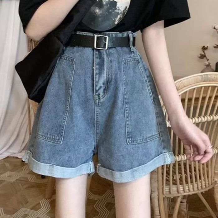 Quần ngắn daduhey denim ống rộng lưng cao viền lai lật cổ điển thời trang mùa hè 2022 dành cho nữ