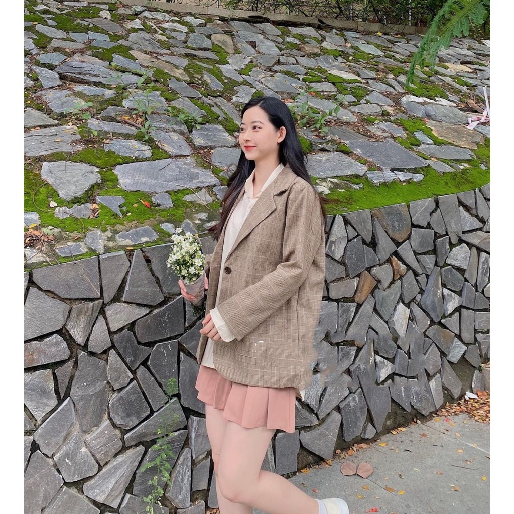 Áo Blazer Nữ 2 Lớp Dài Tay , Áo Vest dạ lông kẻ khoác ngoài Daski