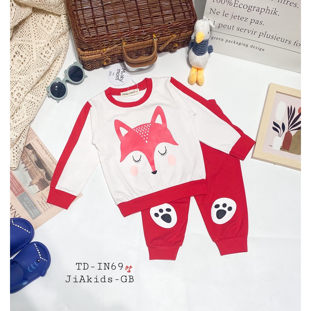 Bộ Dài Tay MINKY MOM COTTON 100% Thân Áo Trắng In Hình Động Vật Ngộ Ngĩnh Cho Bé TD-IN69