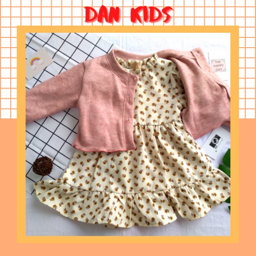 Set đầm váy nhung tăm hoa nhí kèm áo khoác cardigan len mềm mịn khoác ngoài cho bé gái 9-19kgkg