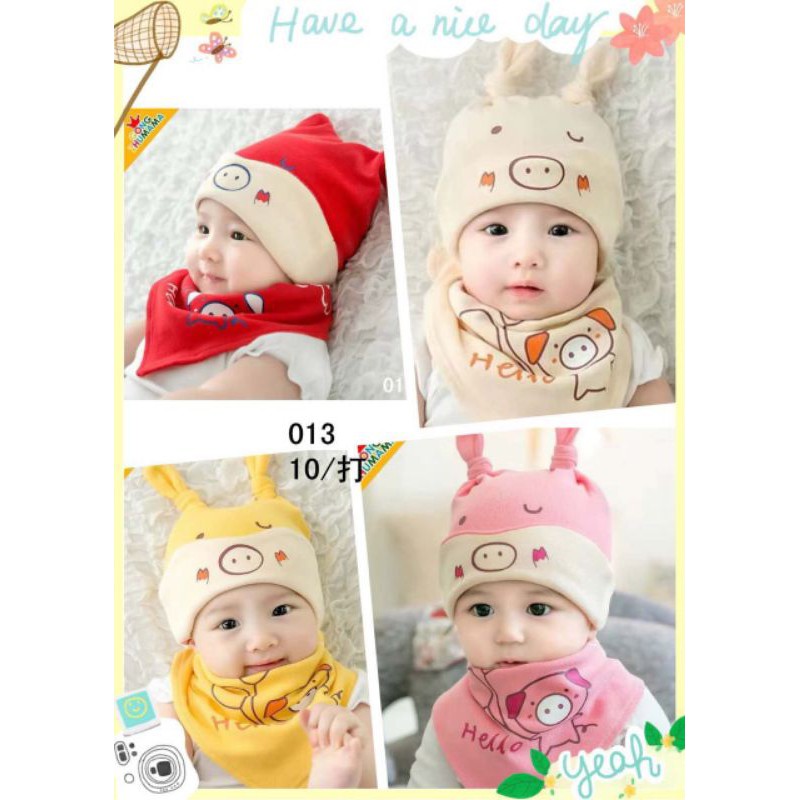 Mũ Kèm Khăn Yếm Cotton 2 Lớp Mềm Mại Cho Bé
