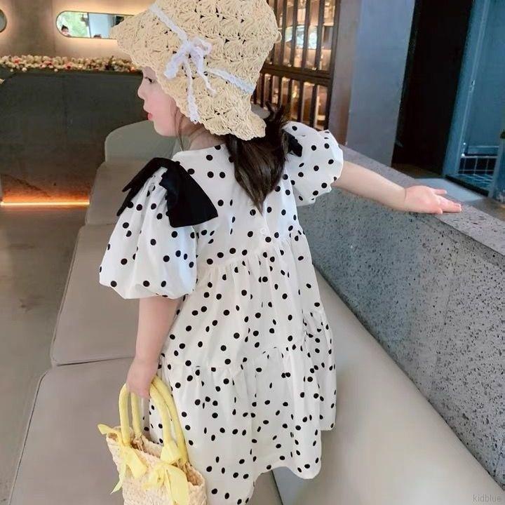 Đầm công chúa tay phồng cổ tròn họa tiết chấm bi cho bé gái
