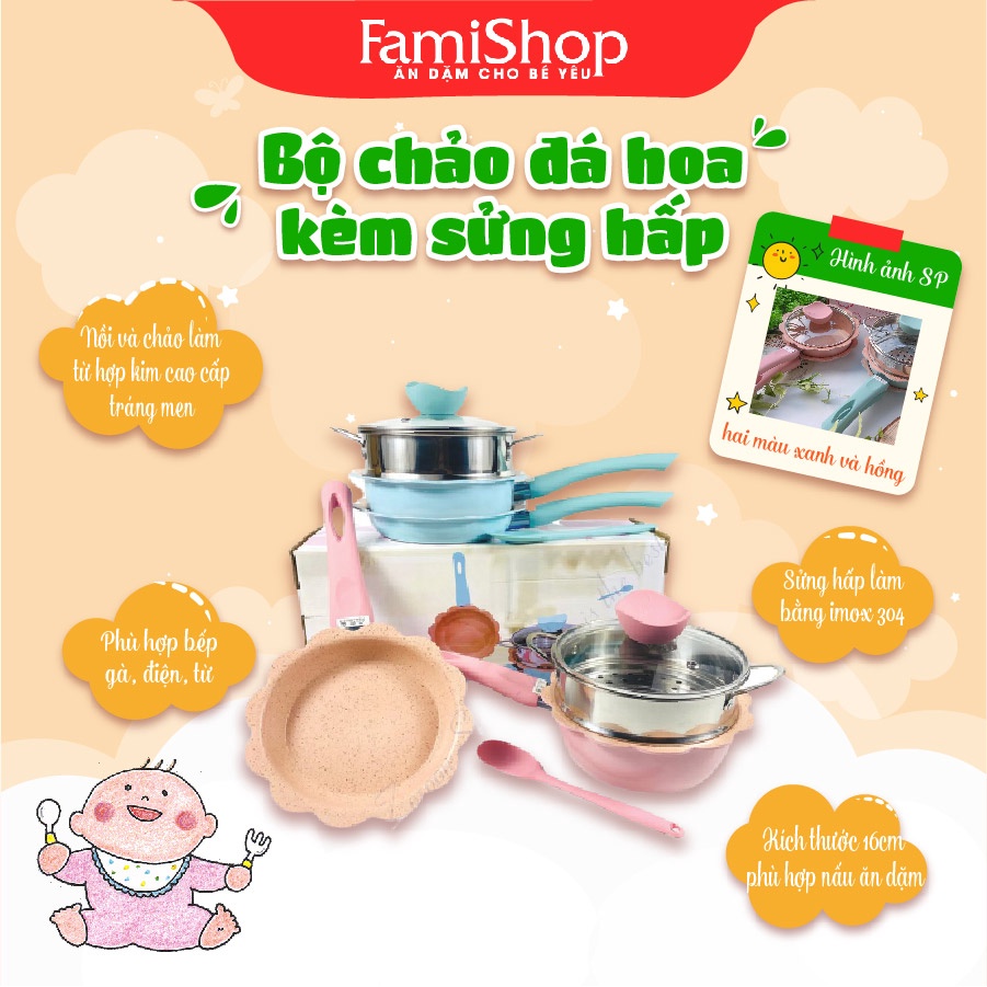 FamiShop Bộ nồi chảo đá hình hoa cao cấp kích thước 16cm