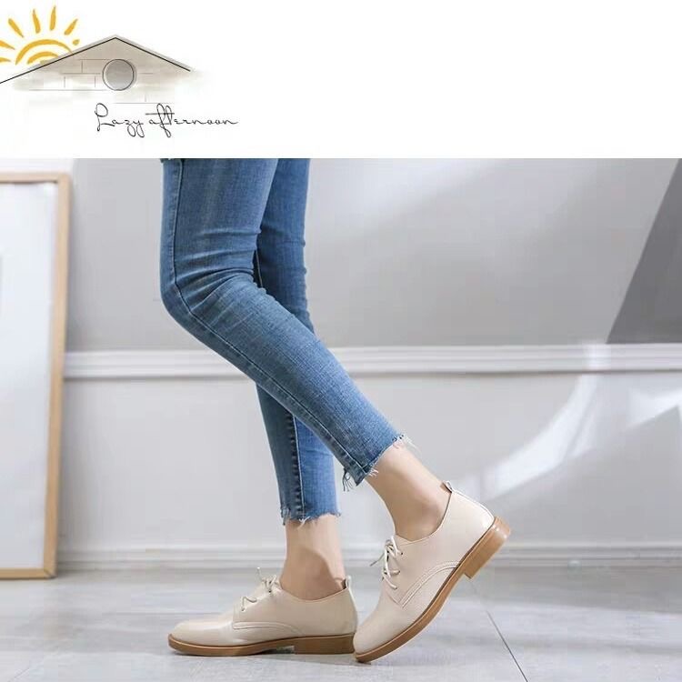Giày Da Pu Gót Thấp Mũi Tròn Cột Dây Phong Cách Vintage Cho Nữ | BigBuy360 - bigbuy360.vn