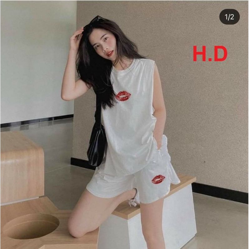 Set bộ tanktop 3 món Đôi Bạn Môi Đỏ Unisex❤Gồm Tank top 3 lỗ+Quần Short+bra♥️Chất cotton