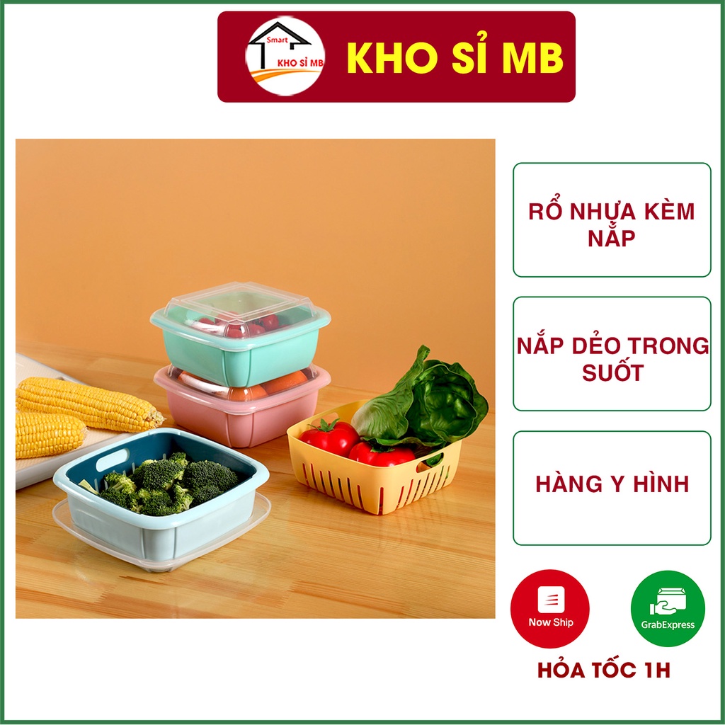 rổ nhựa kèm chậu đựng rau củ quả có nắp đậy trong suốt bảo quản trong