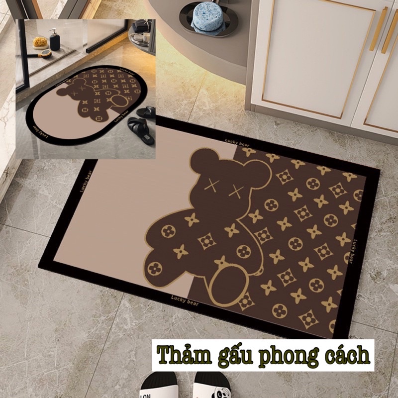 Thảm chùi chân thấm hút nước chất liệu Silicon (tương tự thảm đá) họa tiết GẤU L.V Bear Brick