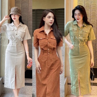 Váy nhung tăm xẻ trước 2 túi cúc đồng