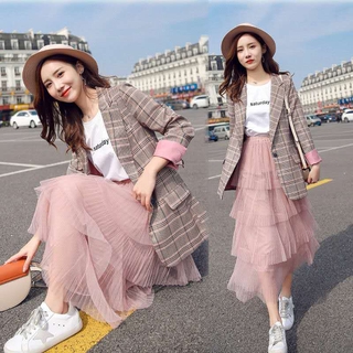 Set áo khoác blazer và chân váy lưới thời trang dành cho nữ