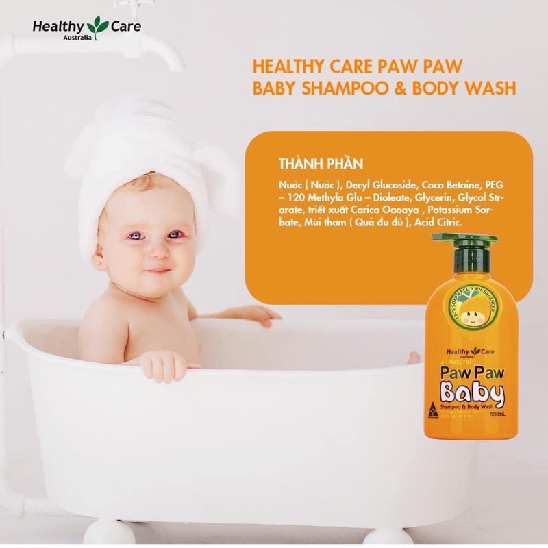 Sữa tắm gội Healthy Care Paw Paw Baby tinh chất đu đủ lành tính, hỗ trợ phòng chống rôm sảy, viêm da ở trẻ sơ sinh