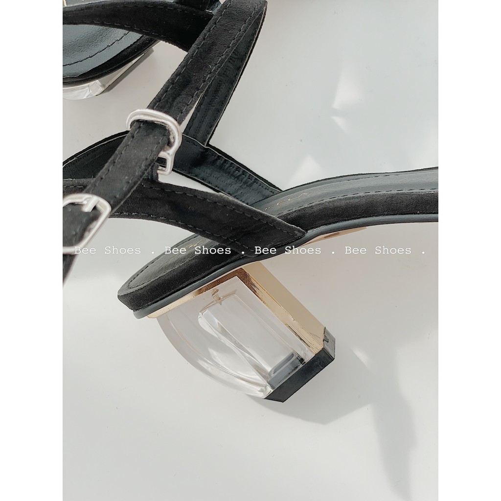 BEESHOES - SANDAL NỮ XỎ NGÓN MŨI TRÒN GÓT VUÔNG - SANDAL CAO 5 PHÂN QUAI DA LỘN MÀU ĐEN 210206