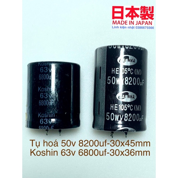 Tụ hoá 63v6800uf-30x36mm. 50v8200uf 30x45mm. là dòng tụ tháo ampli Nhật có chất lượng rất tốt, sử dụng thay thế và diy
