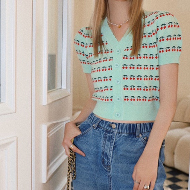 Áo Khoác Cardigan Dệt Kim Cổ Chữ V In Họa Tiết Quả Cherry Phong Cách Thời Trang Mùa Hè Cho Nữ