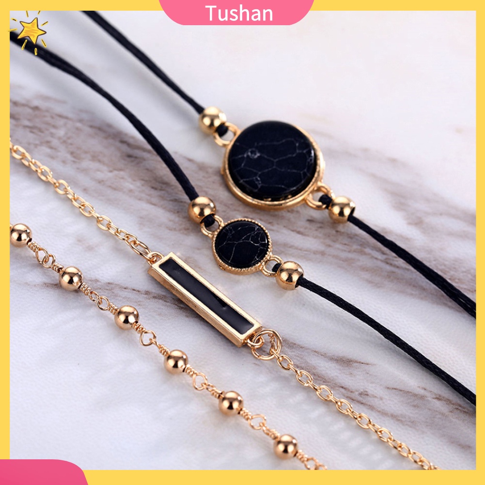 TUSH_4Pcs/Set Women Bohemian Round Bar Stone Charm Bracelet Rope Chain Bangle Jewelry