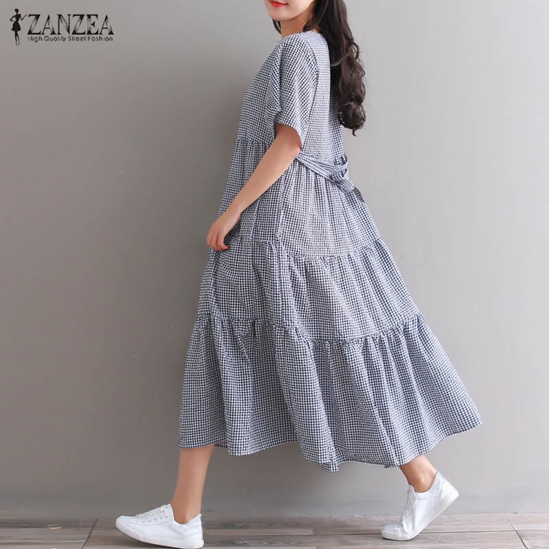 Đầm babydoll họa tiết kẻ sọc ZANZEA phối thắt lưng thời trang cho nữ