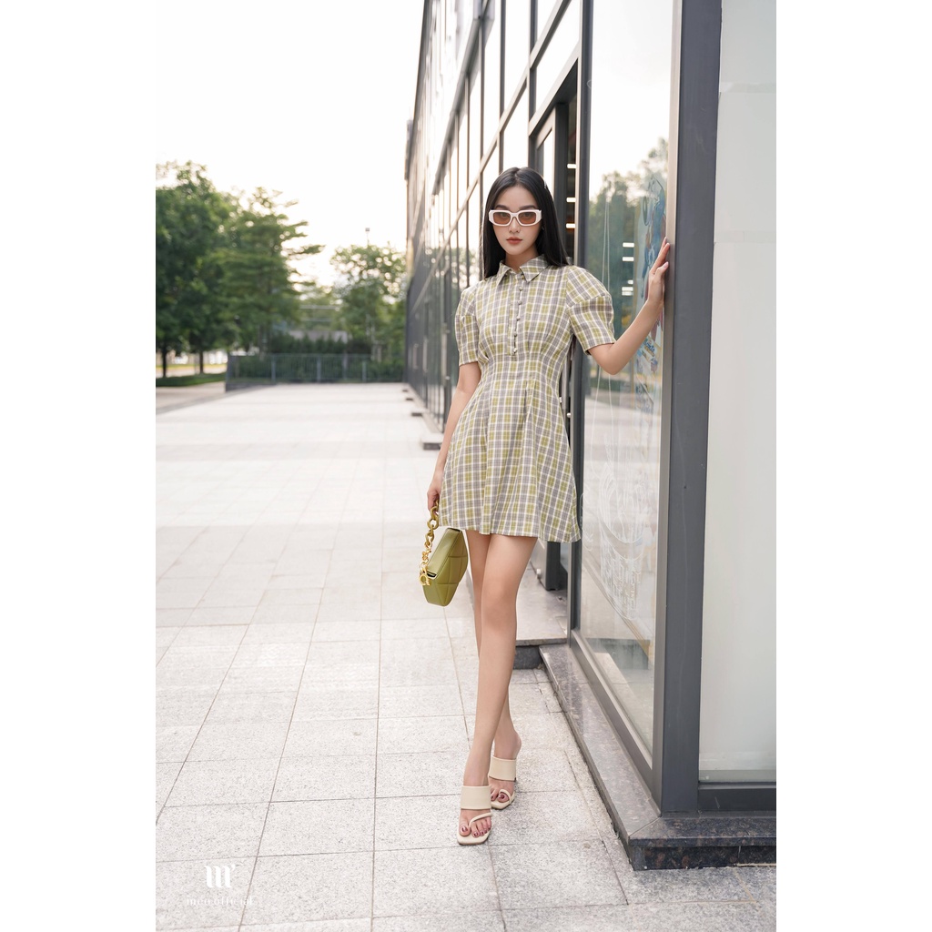 Váy liền nữ Méo shop kiểu Hàn ngắn tay bồng hoạ tiết kẻ công sở dáng xòe Sudary