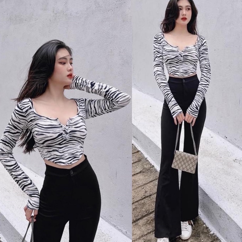 Áo croptop da beo nút bấm tay dài - tay ngắn siêu xinh MÓM STORE