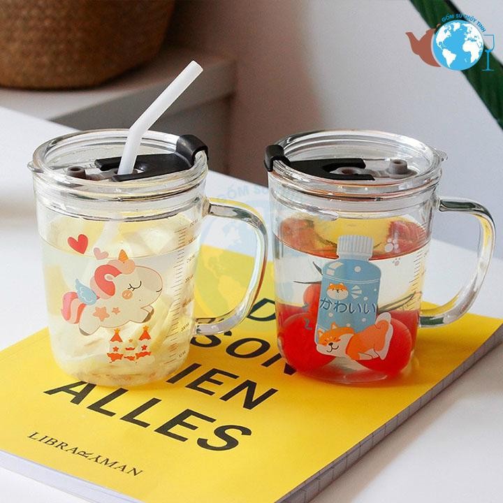 Cốc Pha Sữa Thuỷ Tinh Có Vạch Chia ML, Nắp Đậy Và Ống Hút Siêu Tiện Lợi