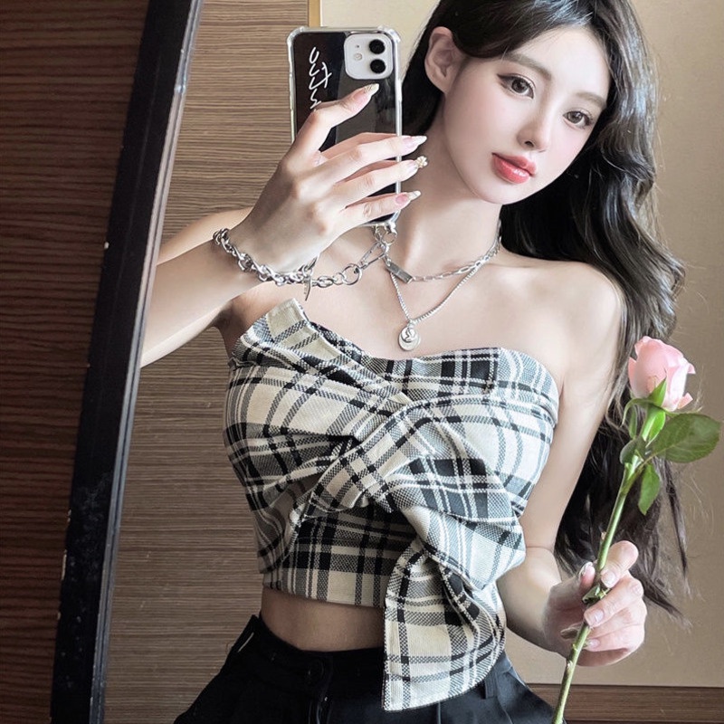 Áo Ống Thắt Nơ Họa Tiết Sọc Caro Thời Trang Mùa Hè Quyến Rũ Cho Nữ