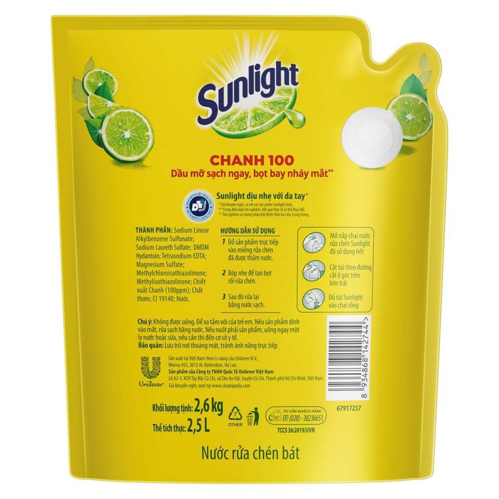 Nước rửa chén sunlight chanh mới sạch nhanh xả bọt nhanh túi 2.6kg