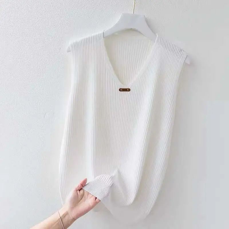 Áo Dệt Kim Nữ Sát Nách Dáng Rộng Cổ Chữ V Plus Size