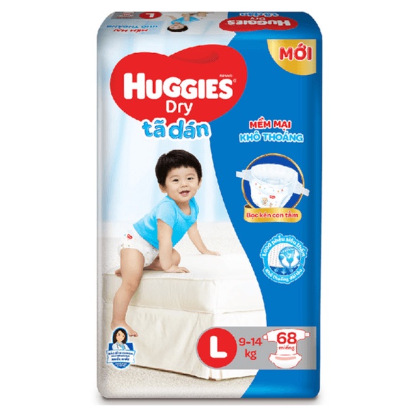 Tã dán HUGGIES size L gói 68 miếng (cho bé từ 9 - 14 kg)