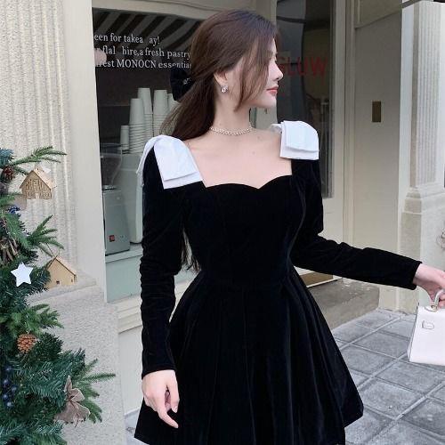 Đầm Nhung Chữ A Tay Dài Cổ Vuông Màu Tương Phản Thời Trang Thu Đông Dành Cho Nữ Sm