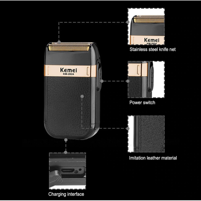 Máy Cạo Râu Tông Đơ Lưỡi Cắt Kép KEMEI KM-2024 SẠC USB Thông Minh có tặng 1 đầu THAY THẾ - BẢO HÀNH 12 THÁNG