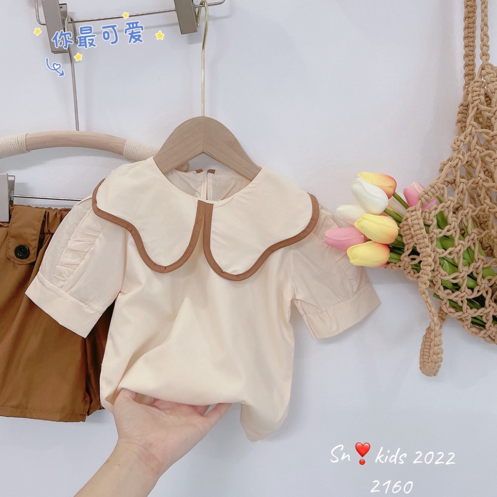 Sét đồ bé gái kiểu dáng vintage, set áo kem cổ viền lượn sóng kèm quần nâu phong cách Hàn Quốc size bé 10-30kg