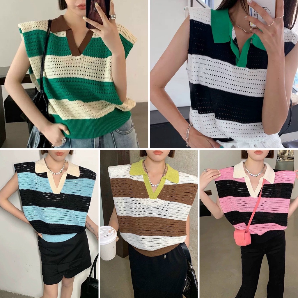 Áo len kẻ ngang độn vai không tay cổ đức