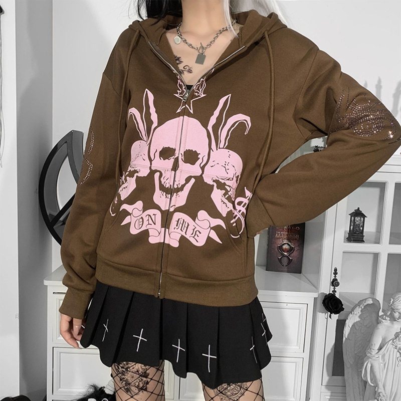 Xiangbao Áo Khoác Hoodie Tay Dài Có Khóa Kéo In Hình Nhện Đính Đá Cho Nữ Sw