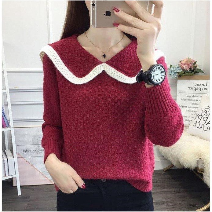 【ZHELIHANGFEI】Áo Len Tay Dài Form Rộng Cổ Búp Bê Dễ Phối Đồ