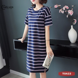 Đầm trung niên cho mẹ dáng suông form rộng, chất liệu thun mịn mát, thoải mái Thiều Hoa T0433