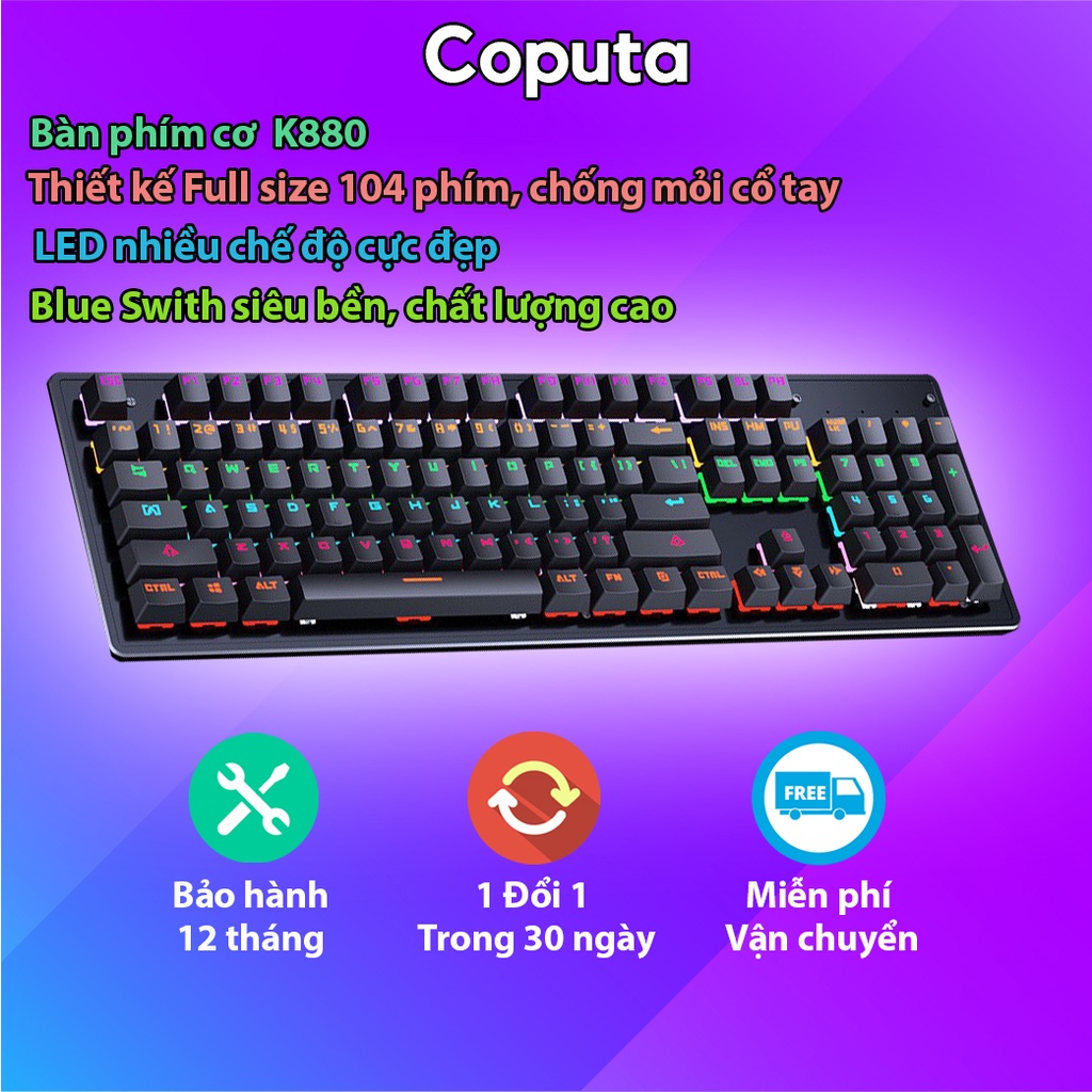 Bàn phím cơ Coputa bàn phím máy tính Gaming có dây LED RGB K880