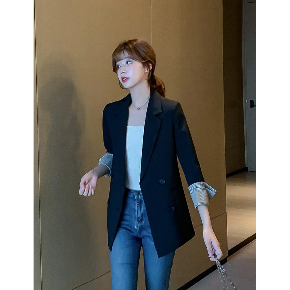 Áo Blazer màu đen cổ tay caro, áo vest công sở kiểu hàn quốc, áo khoác blazer chất vải cao cấp TN1318-Đn | BigBuy360 - bigbuy360.vn