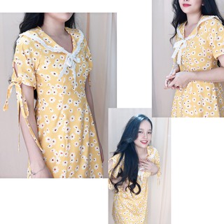 ( HOT ) Đầm Hoa cúc suông lụa hoa cổ sen phối ren