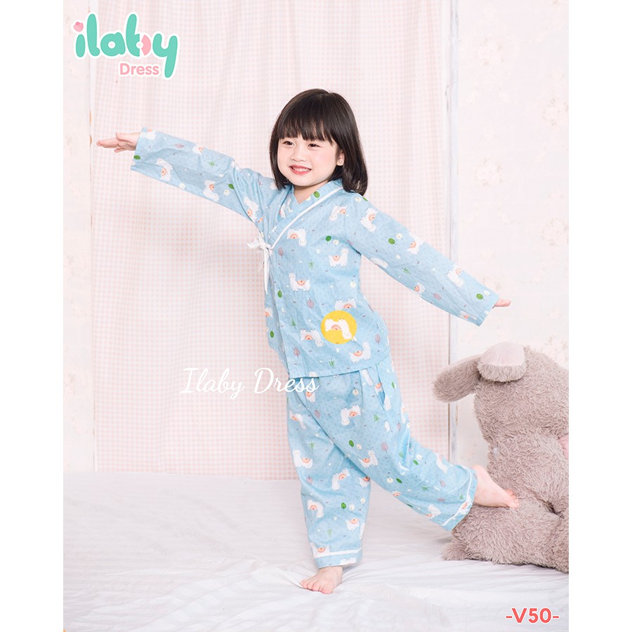 Đồ bộ cho bé gái ILABY đồ ngủ yukata style Nhật mềm mại thoáng khí thấm hút mồ hôi họa tiết đáng yêu [V50]