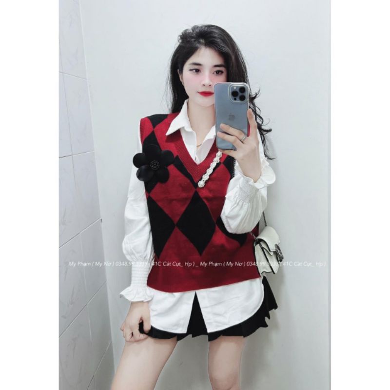 Set váy 3 món Áo len gile, áo sơ mi trắng, chân váy umi xếp ly dễ thương.Set váy đẹp.
