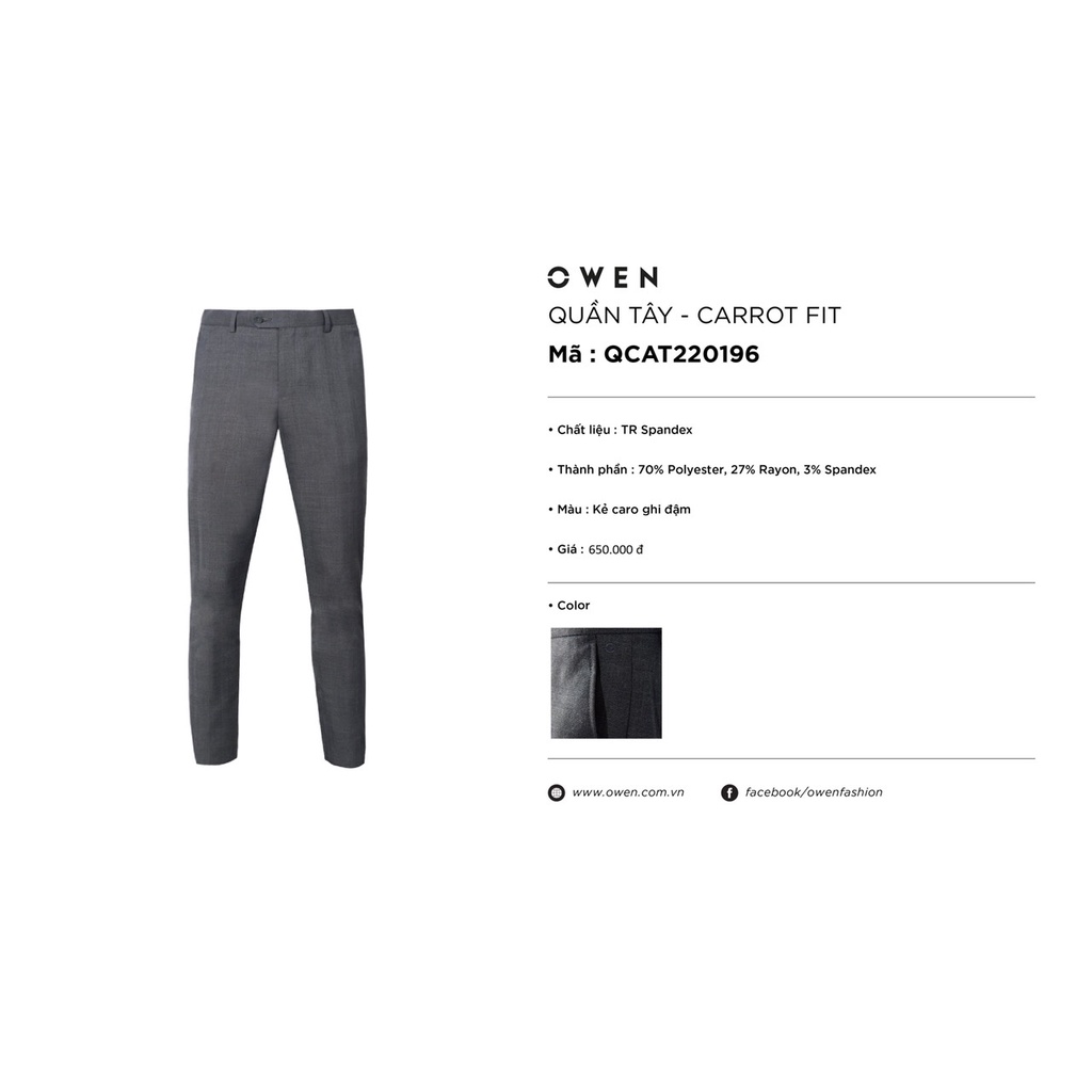 Quần Âu Nam Quần Tây Công Sở Cao Cấp OWEN QCAT220196 Dáng Carrot Fit Cạp Chun Màu Kẻ Caro Ghi Đậm Vải Polyester Mềm Mát