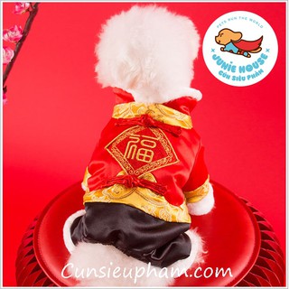 Quần áo Tết đỏ thêu chữ Phước cho chó mèo