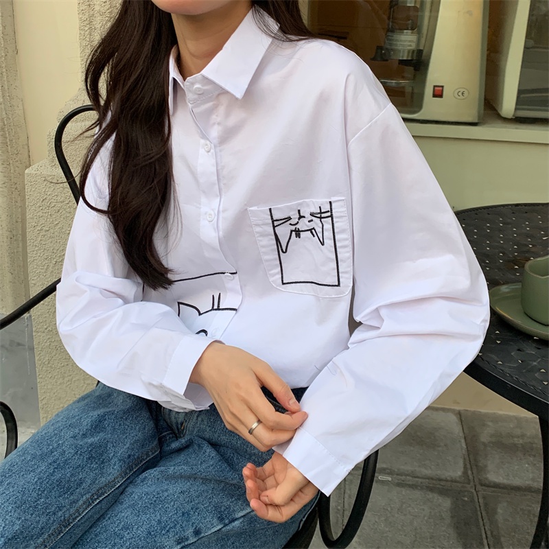 Áo sơ mi ZHELIHANGFEI tay dài dáng rộng họa tiết hình con mèo phong cách học đường dễ phối đồ