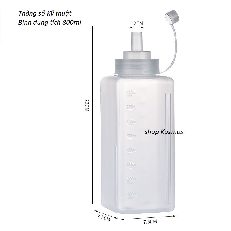 Bình nhựa đựng mứt / sốt vòi rộng 1.2cm cao cấp có nắp đậy 800ml và 1000ml