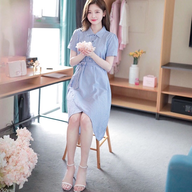 Đầm sọc xanh xẻ tùng