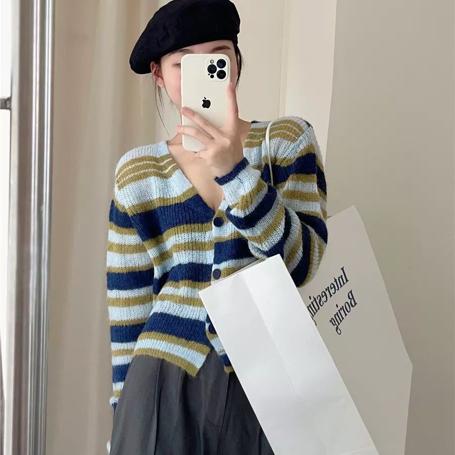 Áo Khoác Cardigan Dệt Kim Cổ Chữ V Họa Tiết Kẻ Sọc Thời Trang Mùa Thu 2022 Mới Cho Nữ