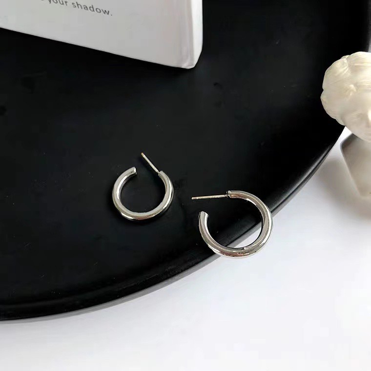 Khuyên tai mạ bạc 925 hình chữ C đơn giản phong cách hip hop Âu Mỹ
