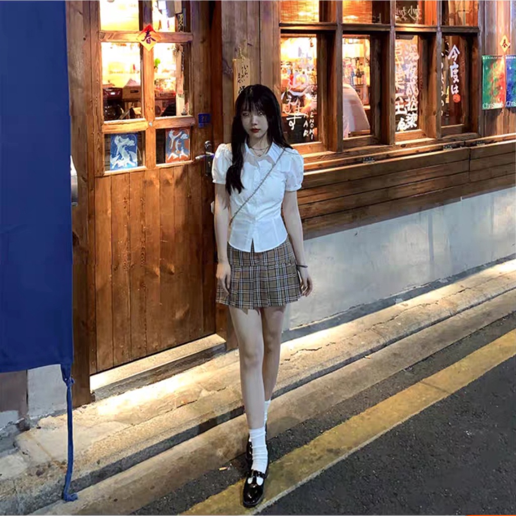 SUXI Áo Tay Ngắn Phồng Ngắn Màu Trơn Ôm Eo Thời Trang Xuân Hè Cho Nữ