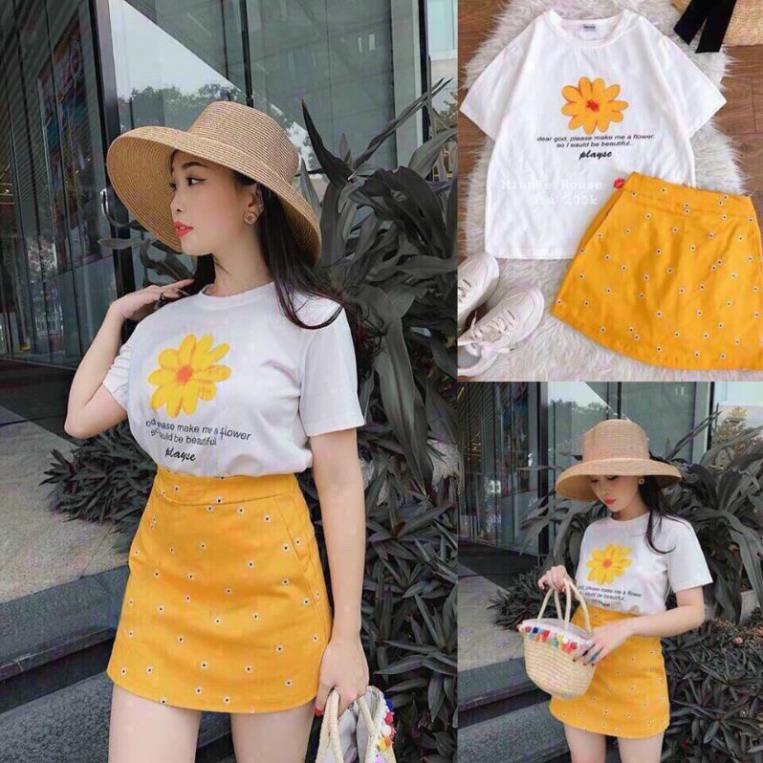 TNN-Hình thật Set áo thun trắng in hoa cúc vàng kèm váy vàng hoa nhí trắng cực năng động
